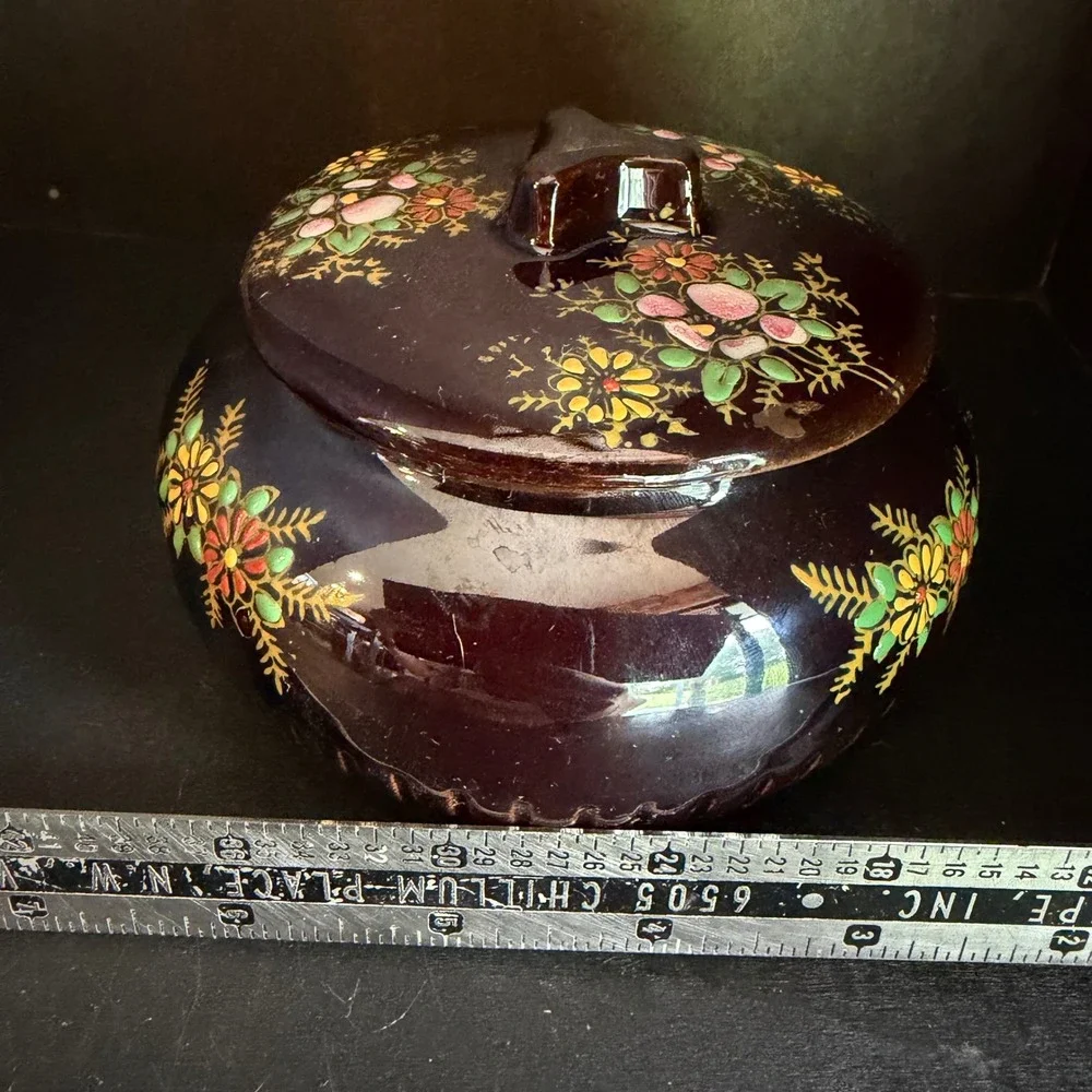 Vintage Made in Japan Brown Moriage Floral Ceramic Lidded Ginger Jar Sugar Bowl
